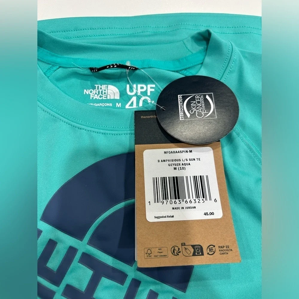 The North Face Boys Medium Amphibious Long Sleeve Sun Tee Aqua Kids NWT UPF 40+